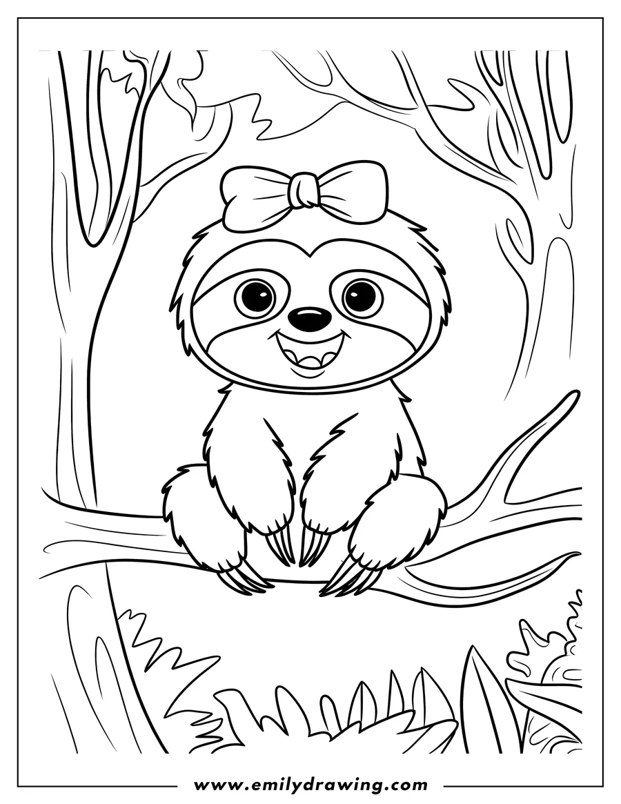 Outline of a smiling sloth with a bow sitting on a tree branch in a jungle setting.