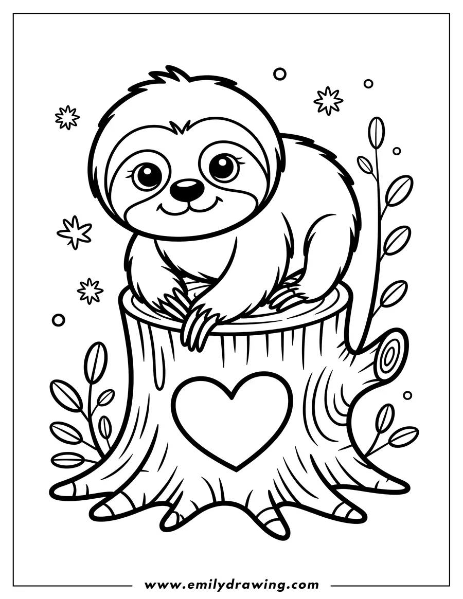 Outline of a sloth sitting on a tree stump with a heart carved into it.