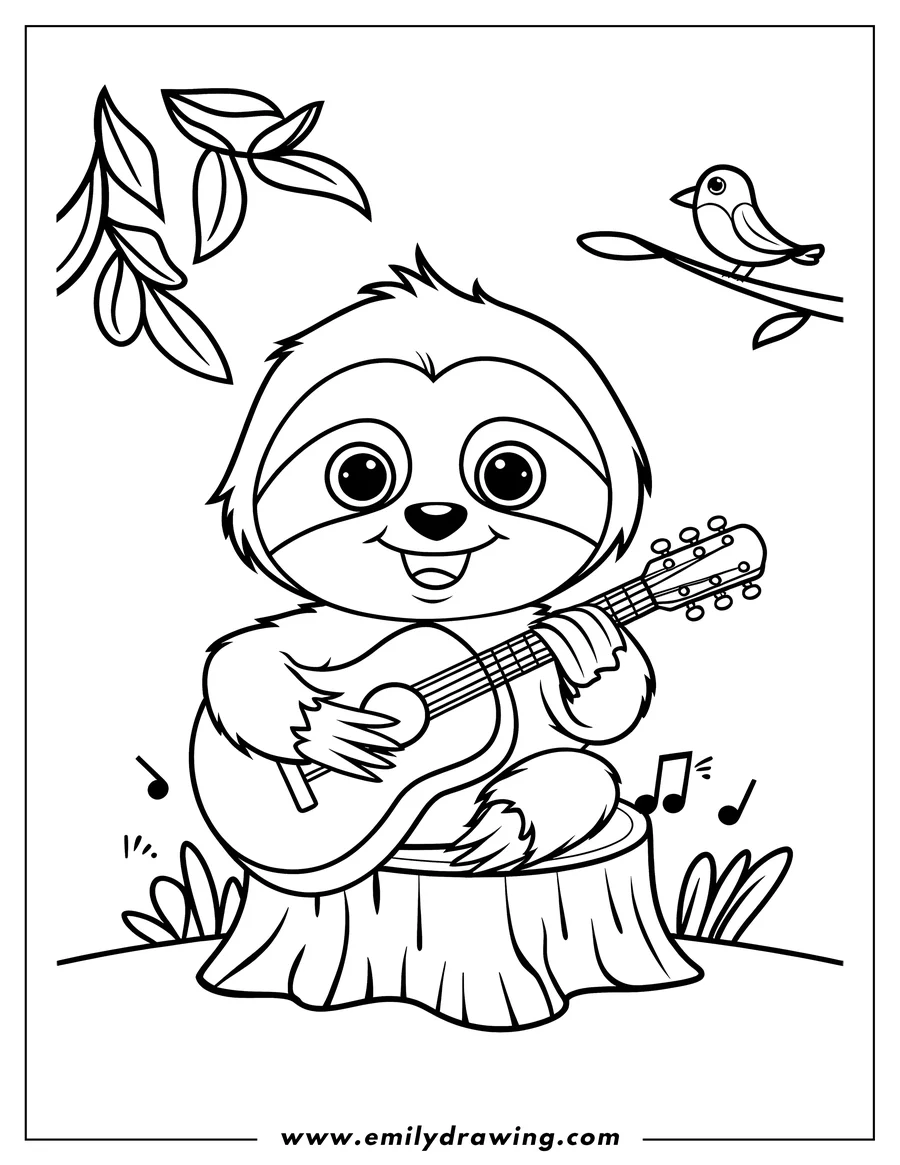 Outline of a sloth sitting on a tree stump playing a guitar. A bird perched on a branch listens. Musical notes float around the sloth.
