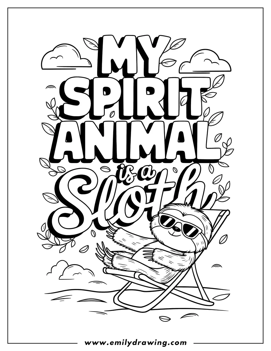 Line art of a sloth wearing sunglasses and relaxing in a beach chair.