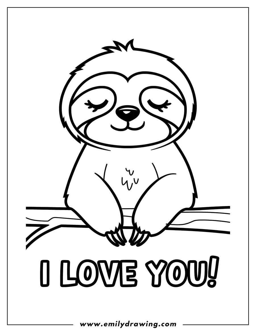 Line art of a sloth sitting on a tree branch with the words 'I Love You' below it.