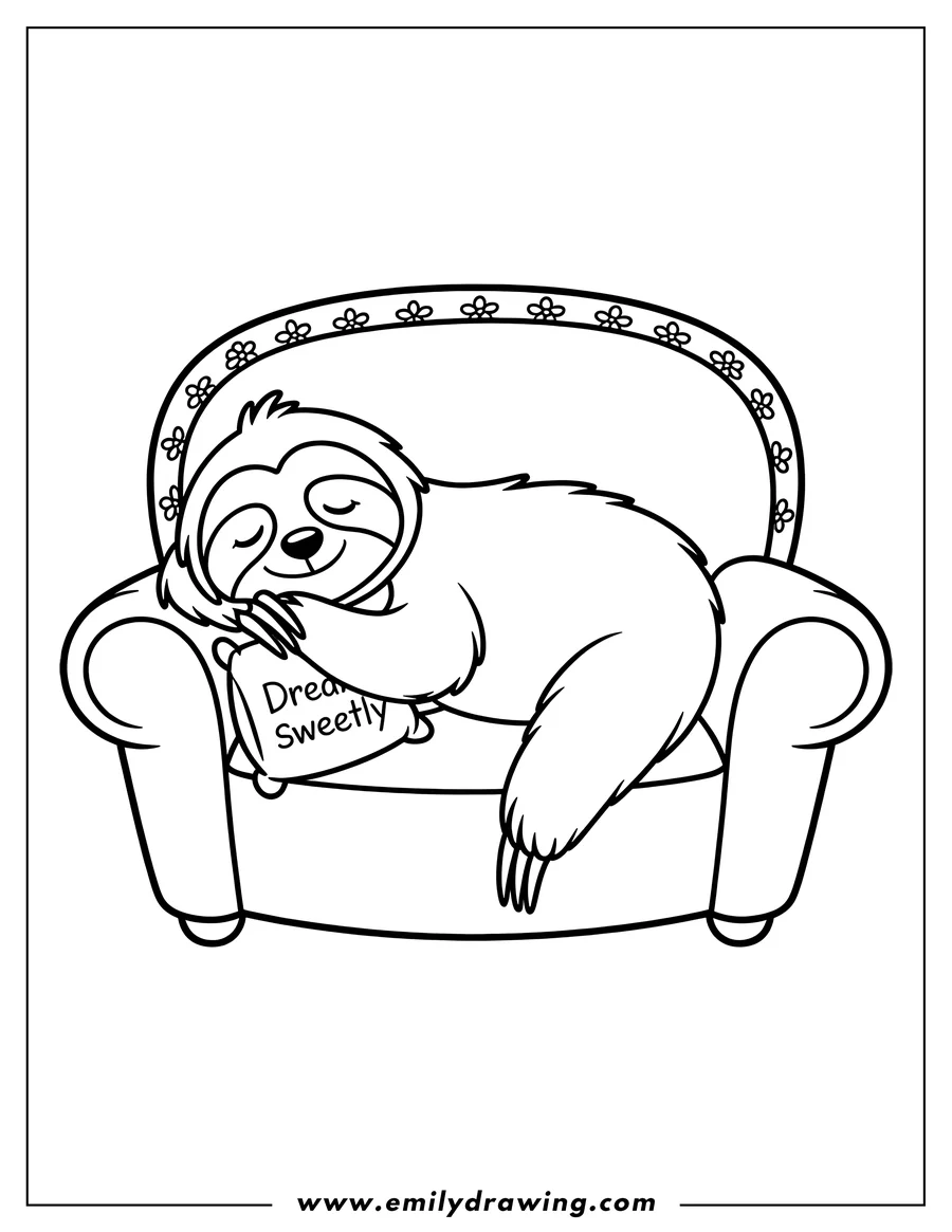 Outline of a sloth sleeping in an armchair, hugging a pillow.