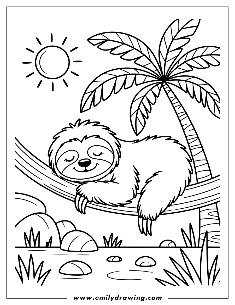 Outline of a sloth sleeping in a hammock strung between a palm tree and a wooden post, near a body of water.