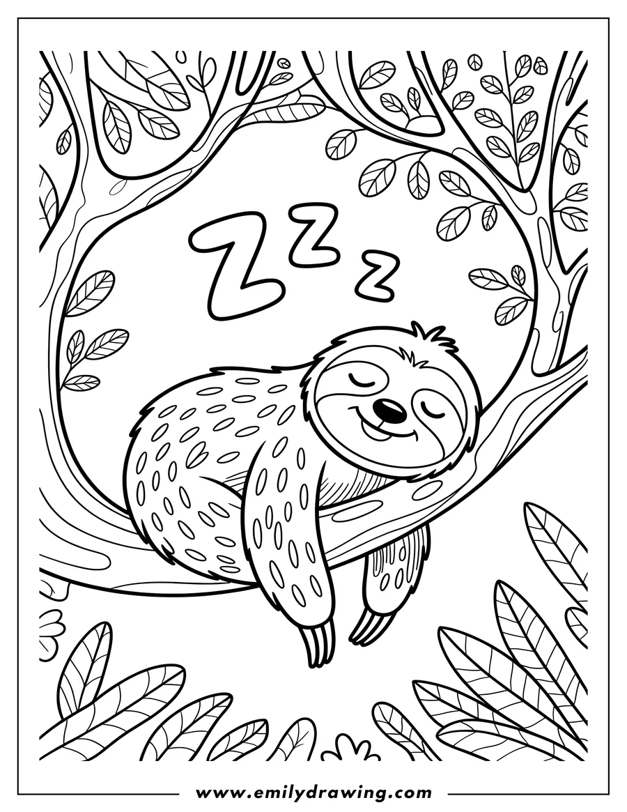 Outline of a sloth sleeping peacefully on a tree branch, surrounded by leaves. Zzz's indicate it is napping.