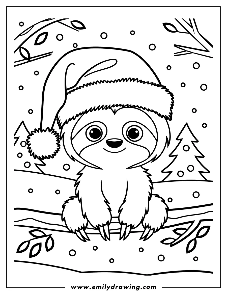 Outline of a sloth wearing a Santa hat, sitting on a branch in a snowy scene with a Christmas tree.