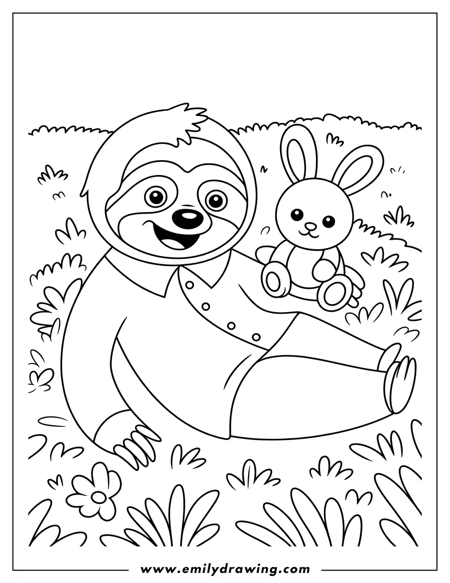 Line art of a smiling sloth holding a stuffed bunny toy in the grass.