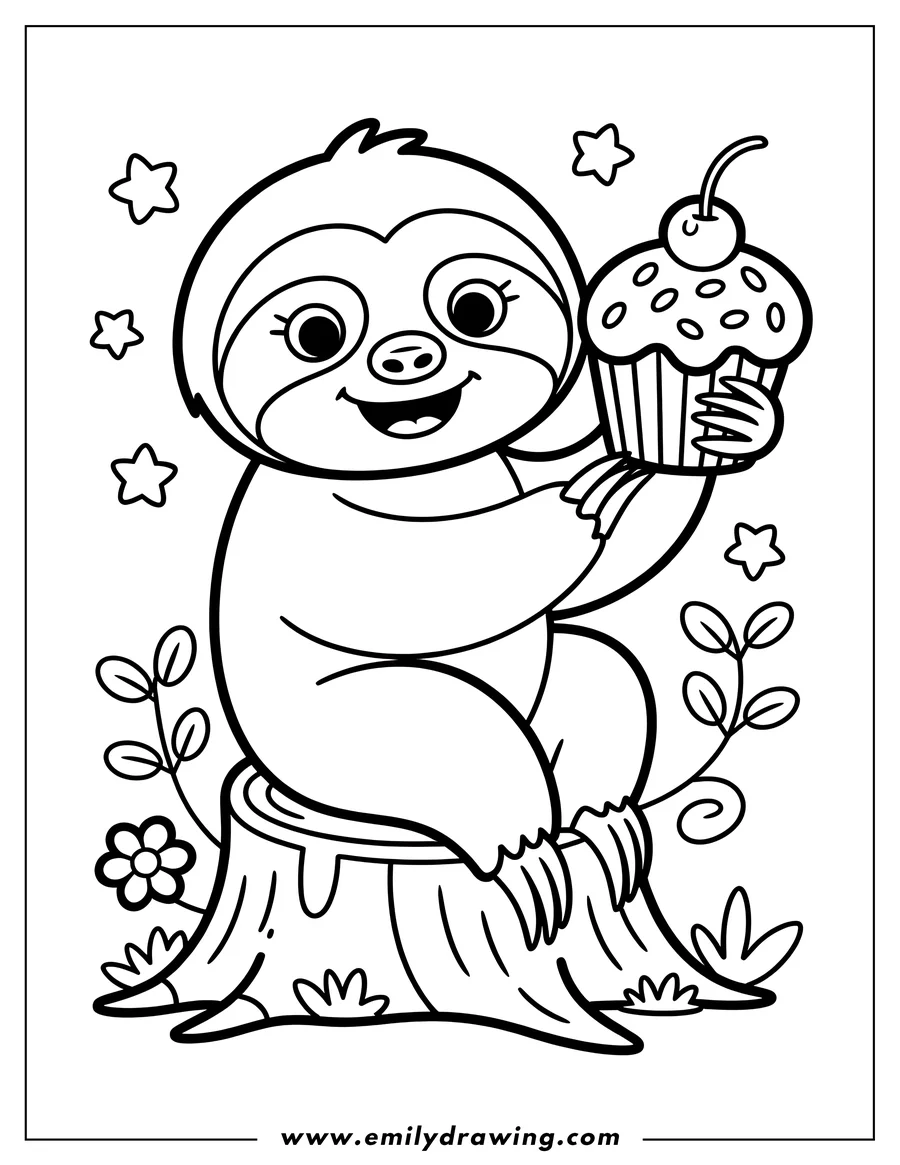 Outline of a smiling sloth sitting on a tree stump, holding a cupcake with a cherry on top.