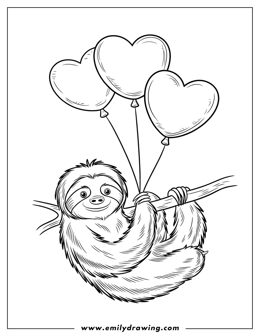 Line art of a sloth hanging from a branch with three heart-shaped balloons.
