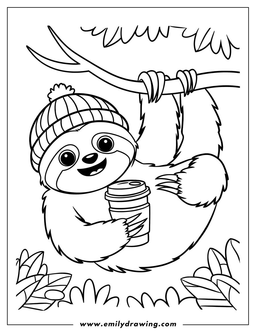 Outline of a sloth hanging upside down from a tree branch, wearing a knit hat and holding a cup of hot cocoa.