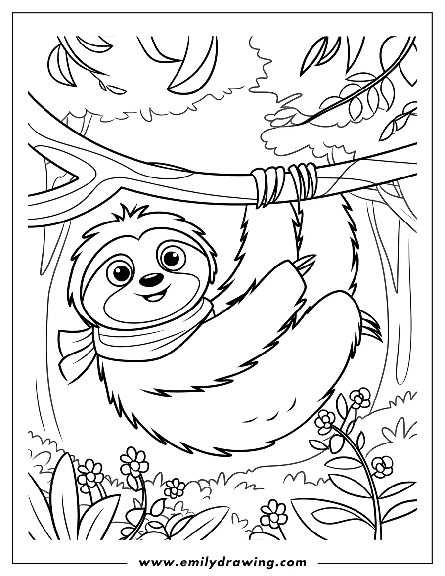 Line art of a sloth wearing a scarf and hanging upside down from a tree branch in the jungle.