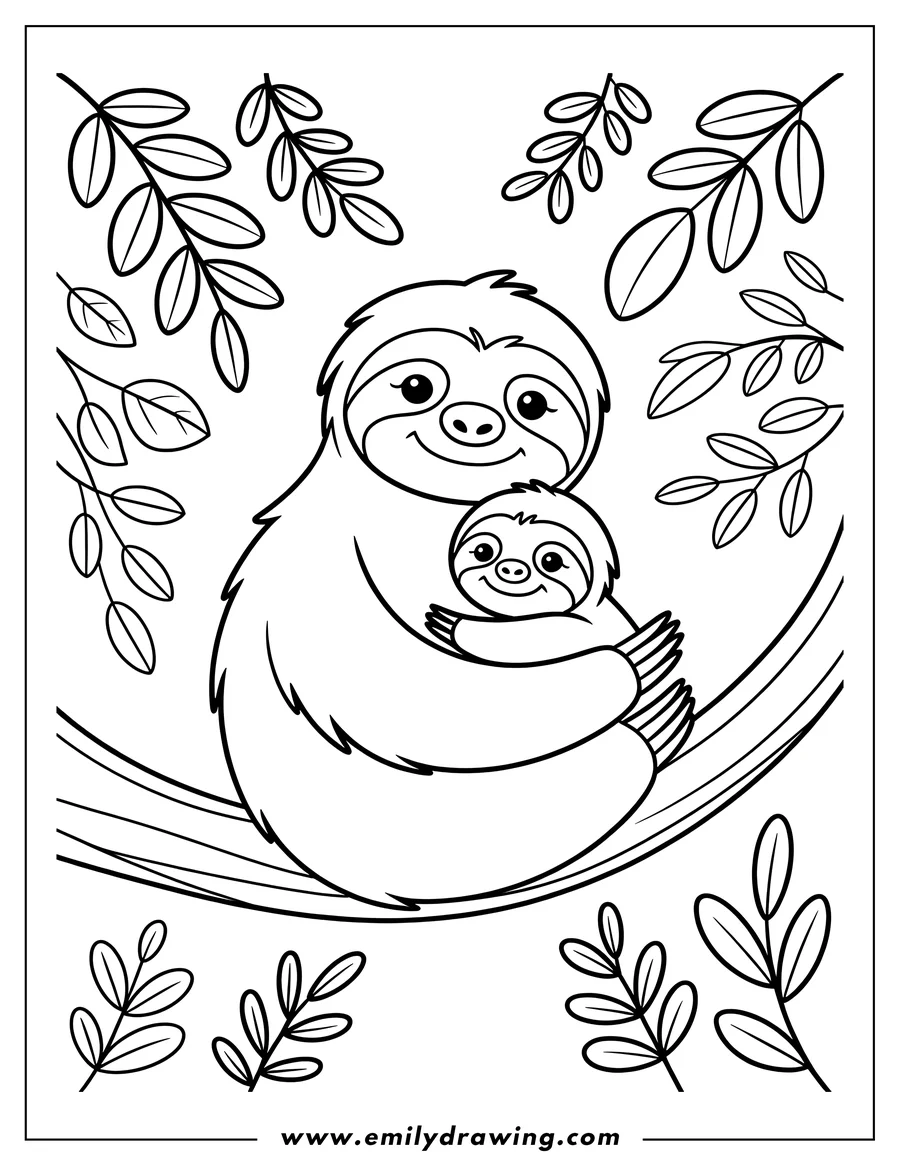 Outline of two sloths, a mother and baby, cuddling together in a tree surrounded by leaves.