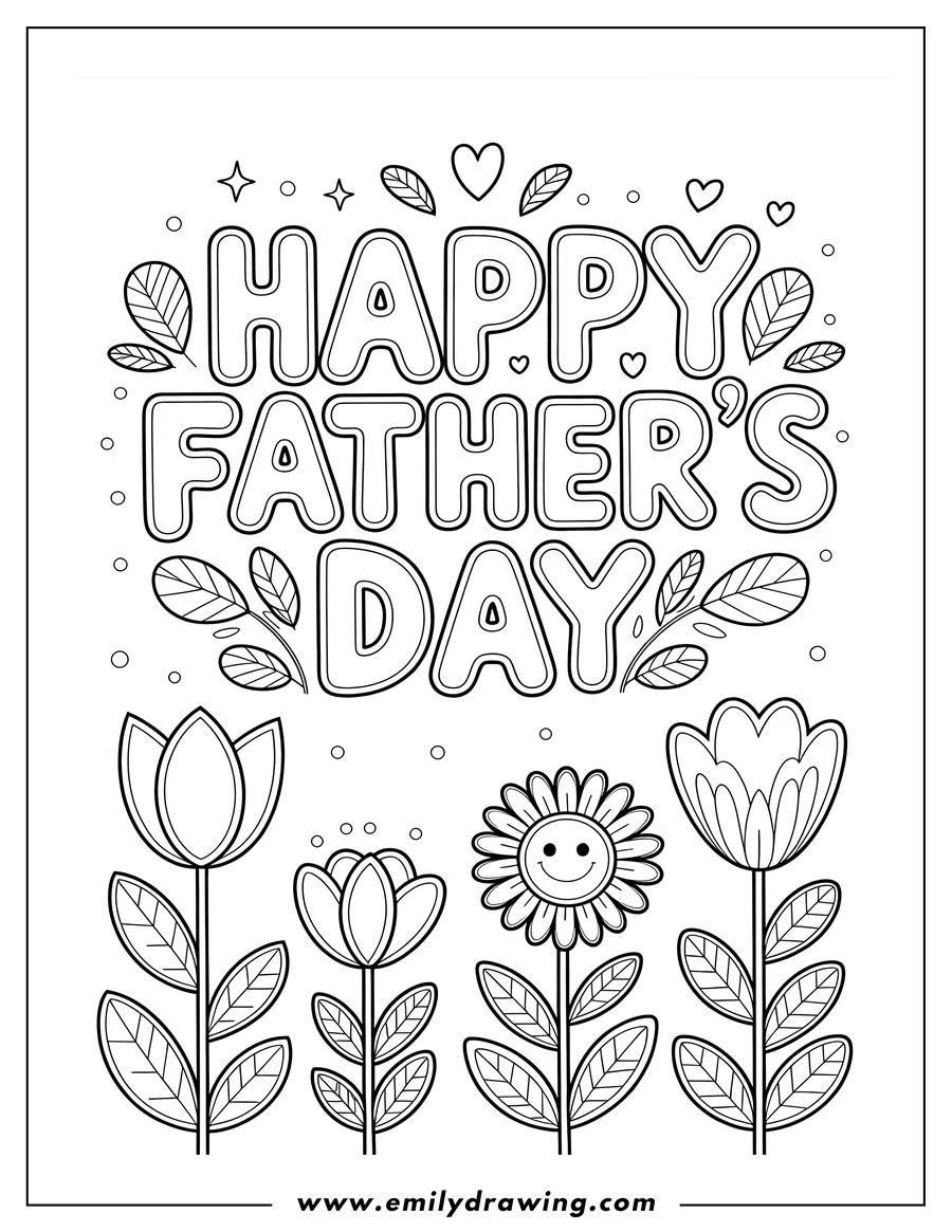 Line art of smiling flowers for Father's Day with the greeting 'Happy Father's Day' above them.