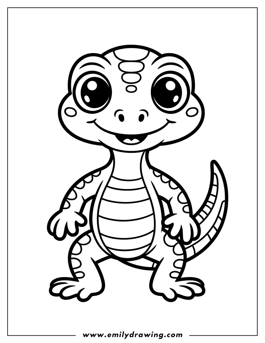 Outline of a smiling gecko with large eyes, striped body, and spotted limbs.