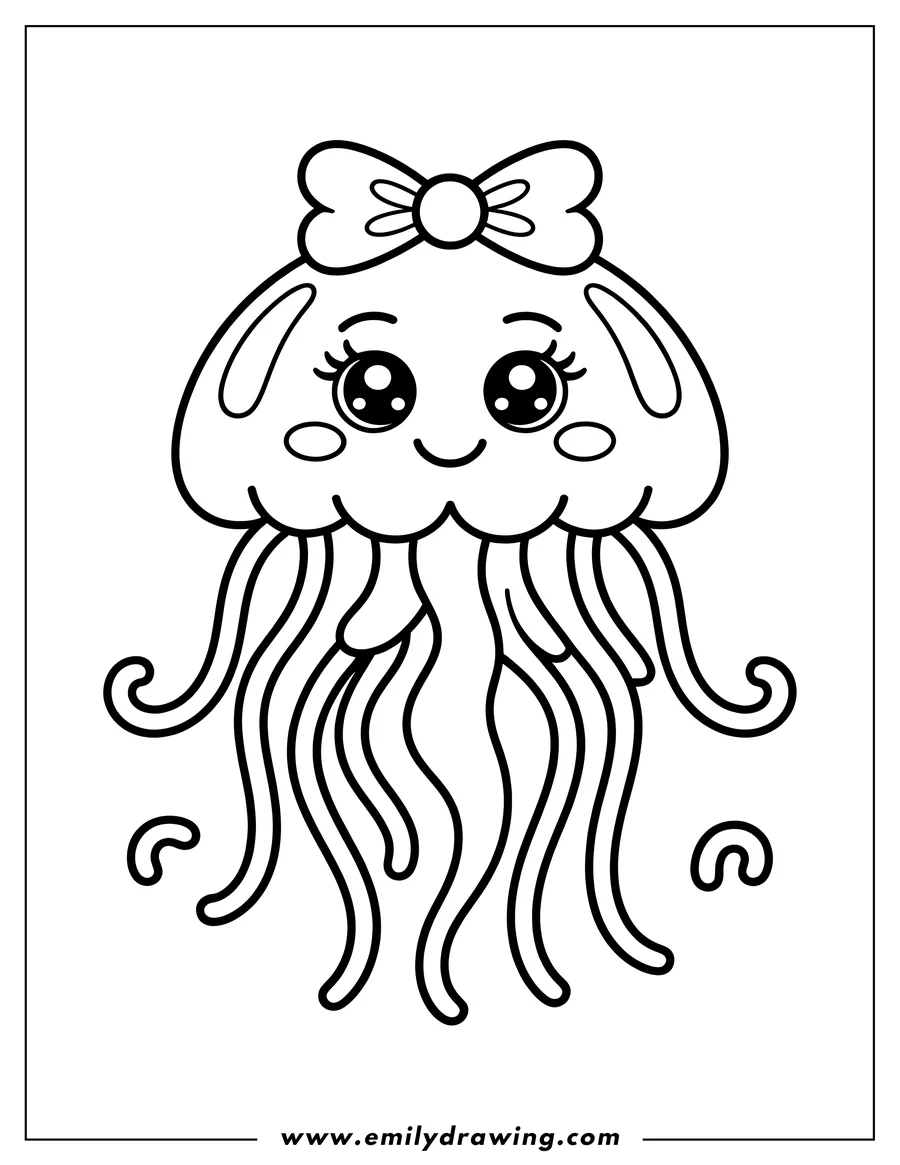 Outline of a smiling jellyfish with a bow on its head, and long, flowing tentacles.