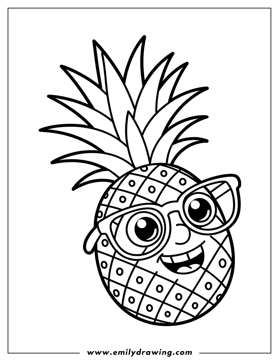 Line art of a smiling pineapple wearing glasses. It has spiky leaves and a cheerful expression.