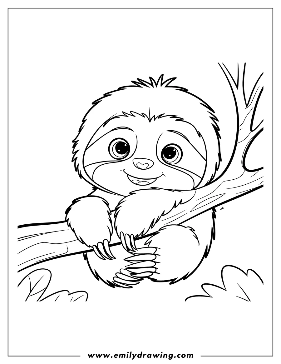 Outline of a smiling sloth hanging from a tree branch.
