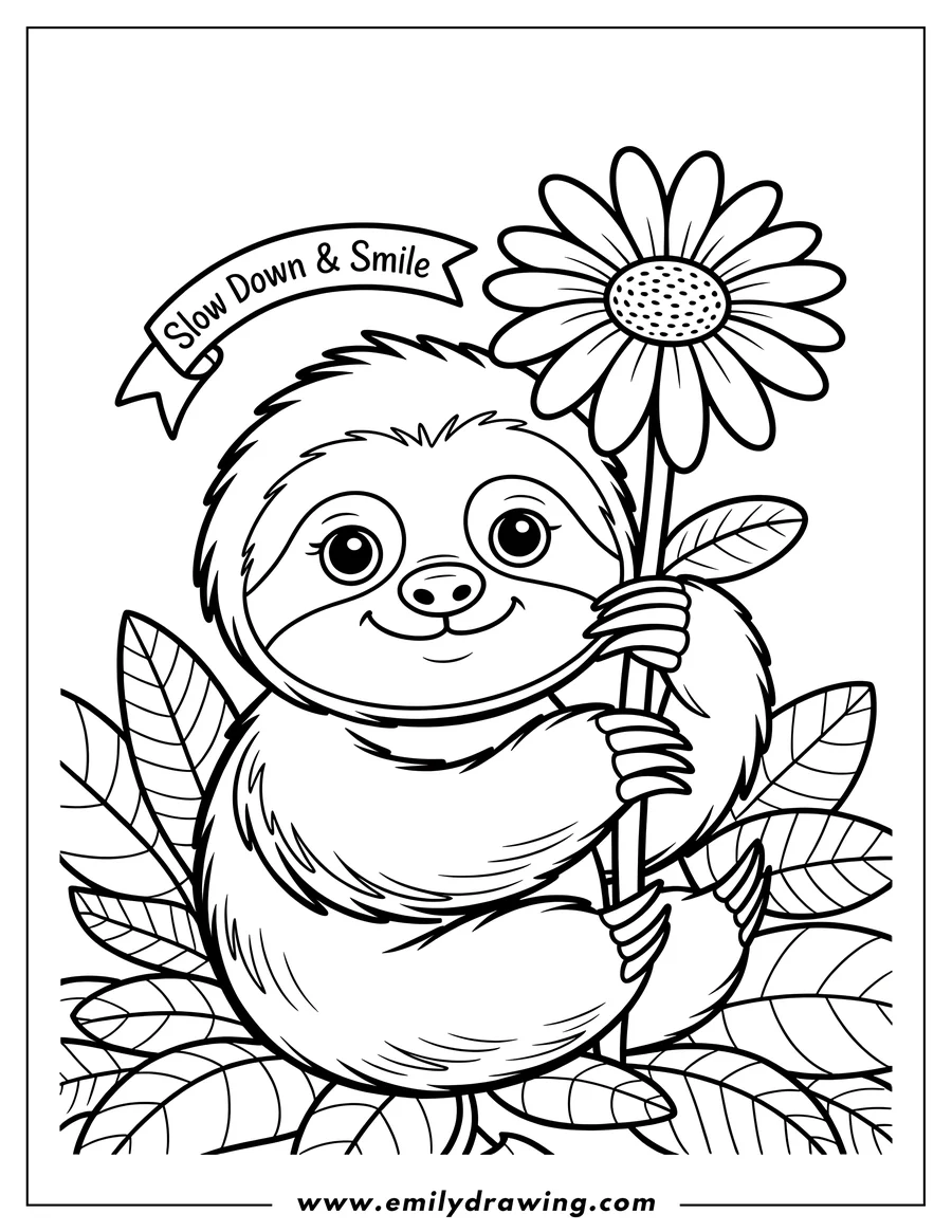 Outline of a smiling sloth holding a large daisy with a banner that reads 'Slow Down & Smile'.