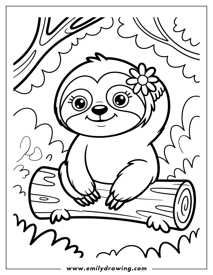 Line art of a smiling sloth sitting on a log with a flower in its fur.