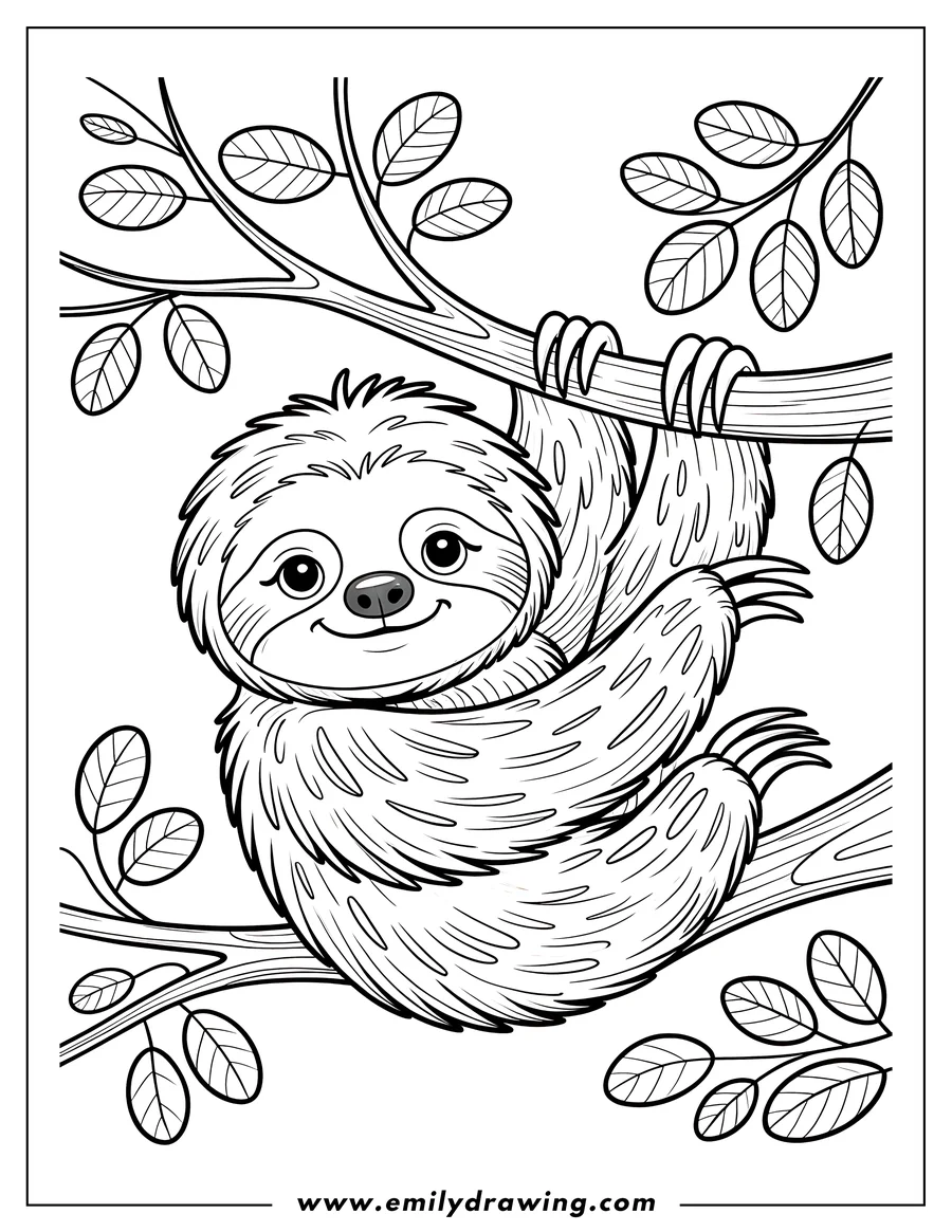 Outline of a smiling sloth hanging upside down from a tree branch.