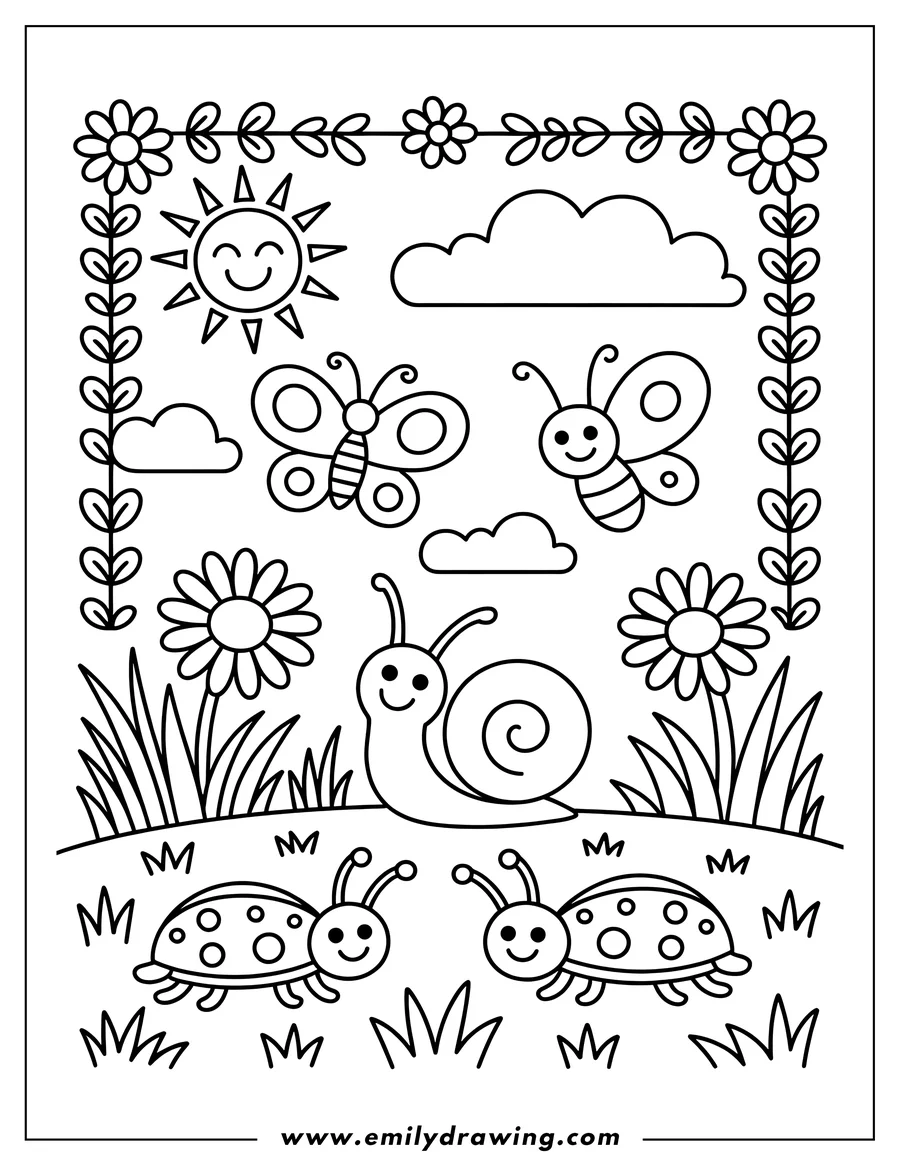 Outline of two ladybugs and a snail in a garden with flowers, grass, sun, clouds, butterflies, and vine borders.