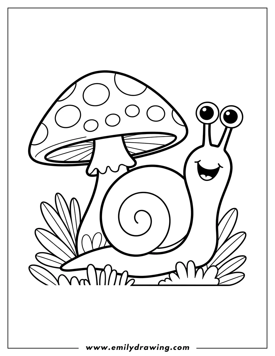 Outline of a happy snail next to a spotted mushroom, surrounded by simple grass and leaves.