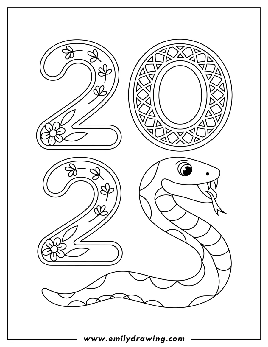 Line art of a snake with the year 2025 for the new year.