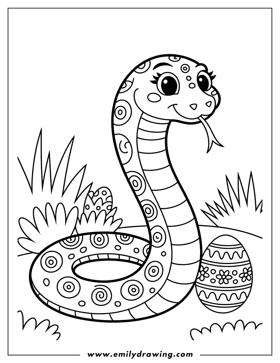 Outline of a friendly snake next to a decorated Easter egg. The snake's body has swirling patterns, and the egg has zigzags, flowers and circles.