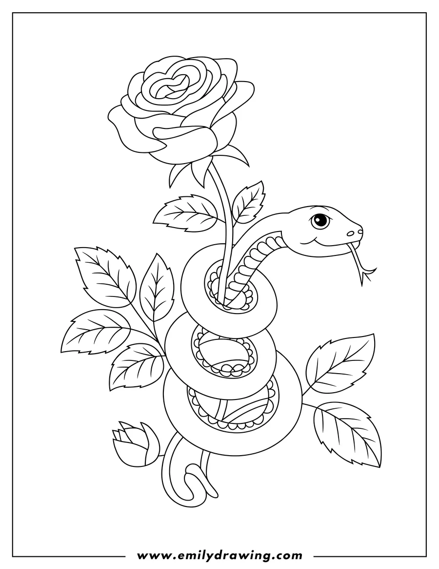 Line art of a snake wrapped around the stem of a rose, with leaves and a rosebud also present.