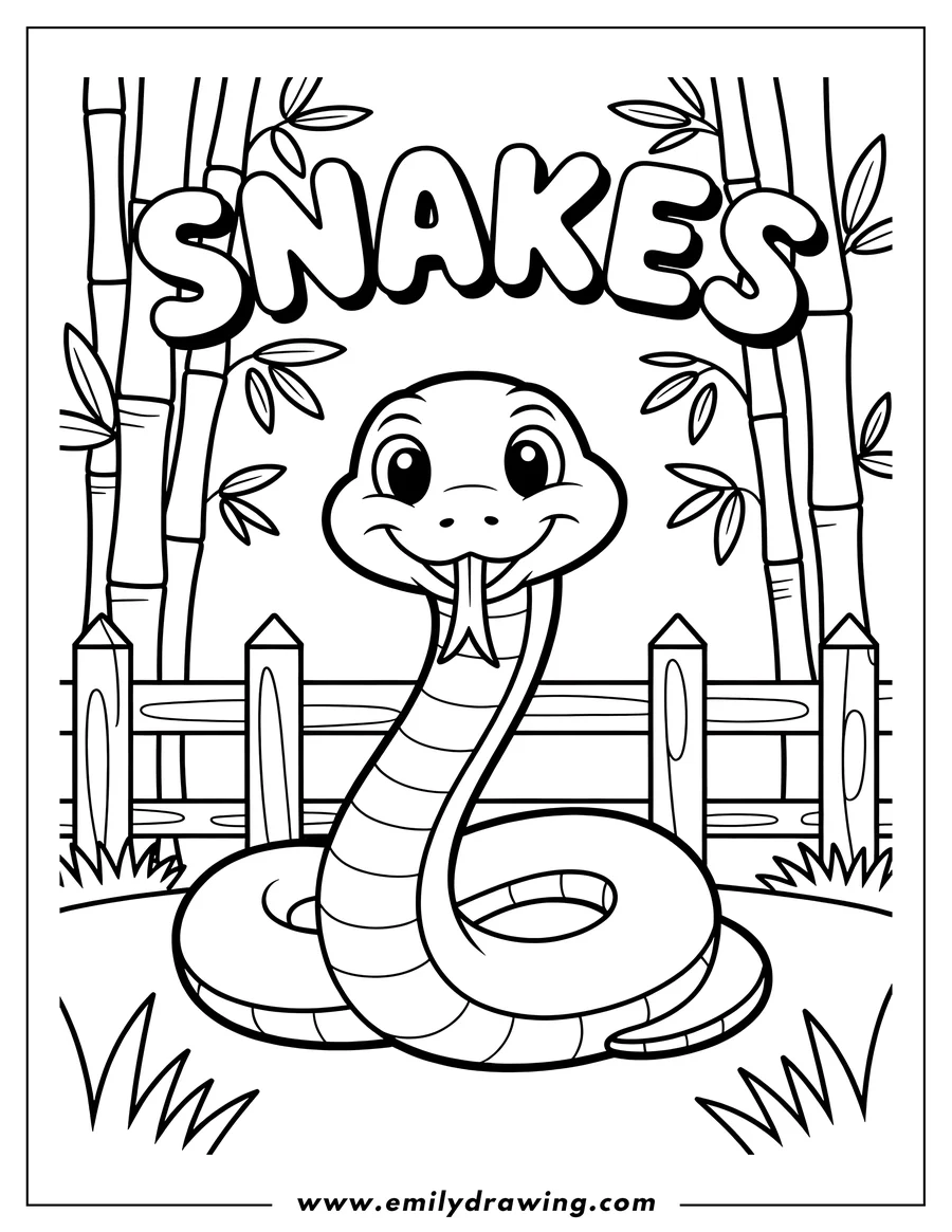 Outline of a friendly snake near a bamboo fence. The snake has a striped body and a happy expression.
