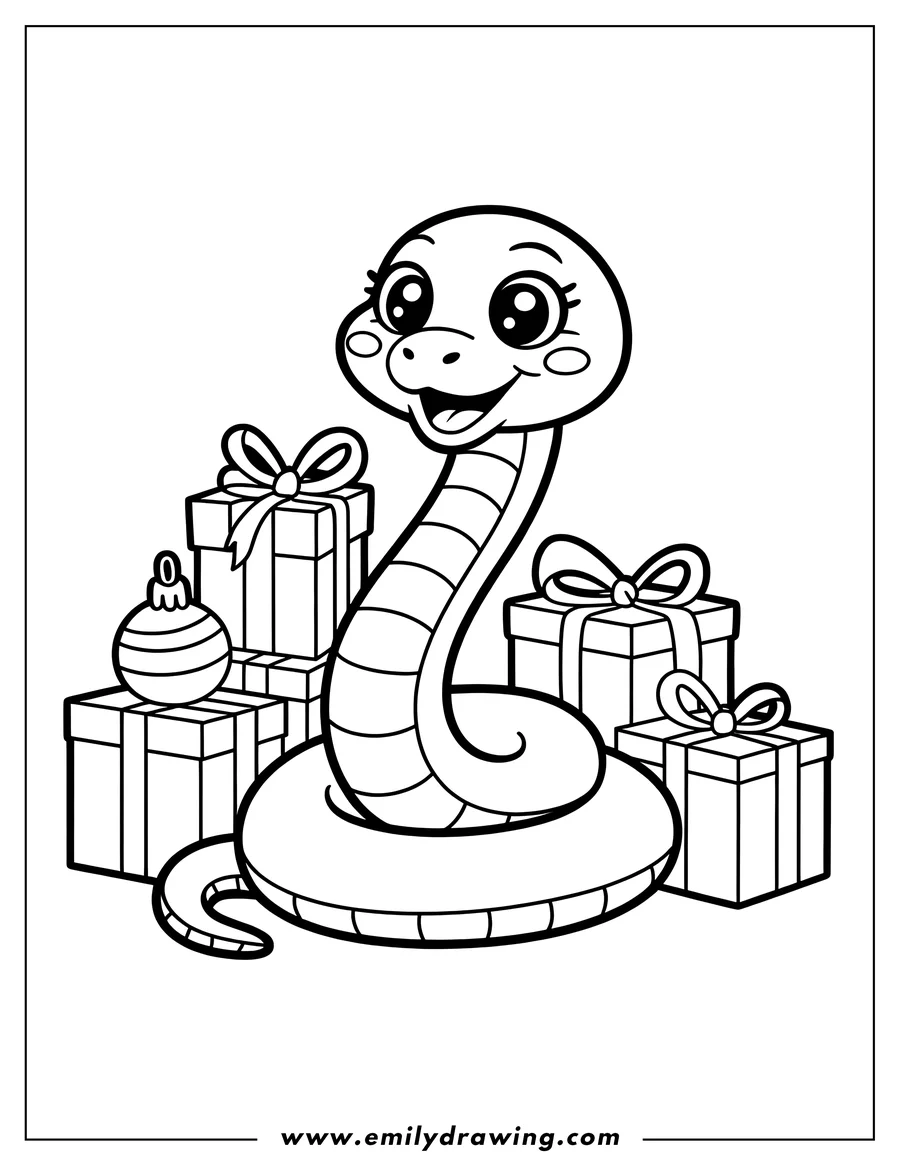 Line art of a smiling snake surrounded by wrapped Christmas presents and an ornament.