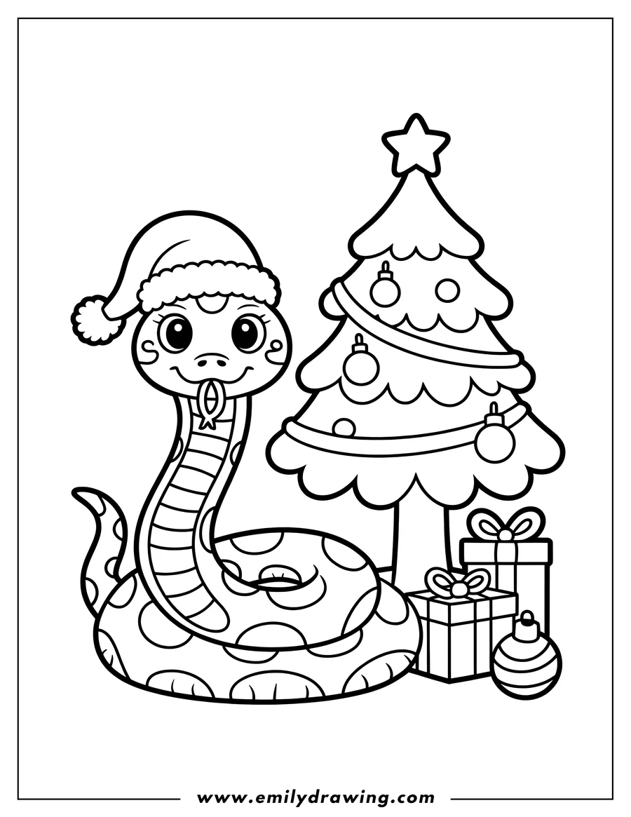 Outline of a snake wearing a Santa hat next to a decorated Christmas tree with presents underneath.