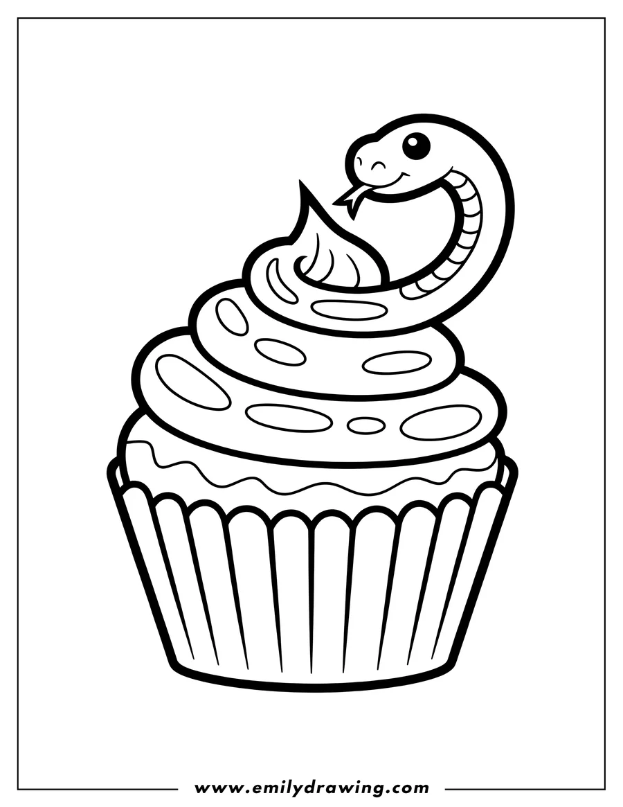Line art of a friendly snake coiled around a frosted cupcake.