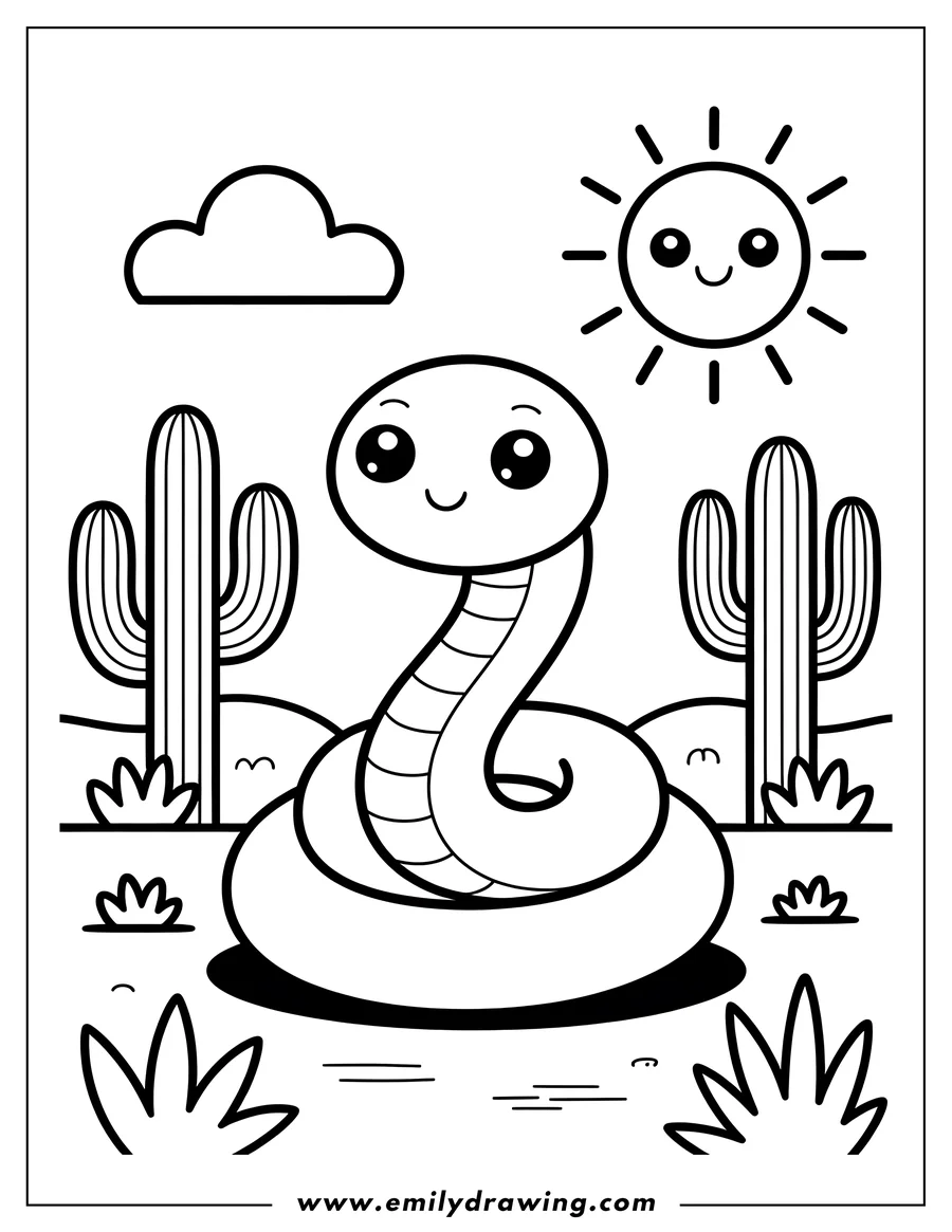 Outline of a friendly snake coiled in the desert, with cacti, a smiling sun, and a small cloud.