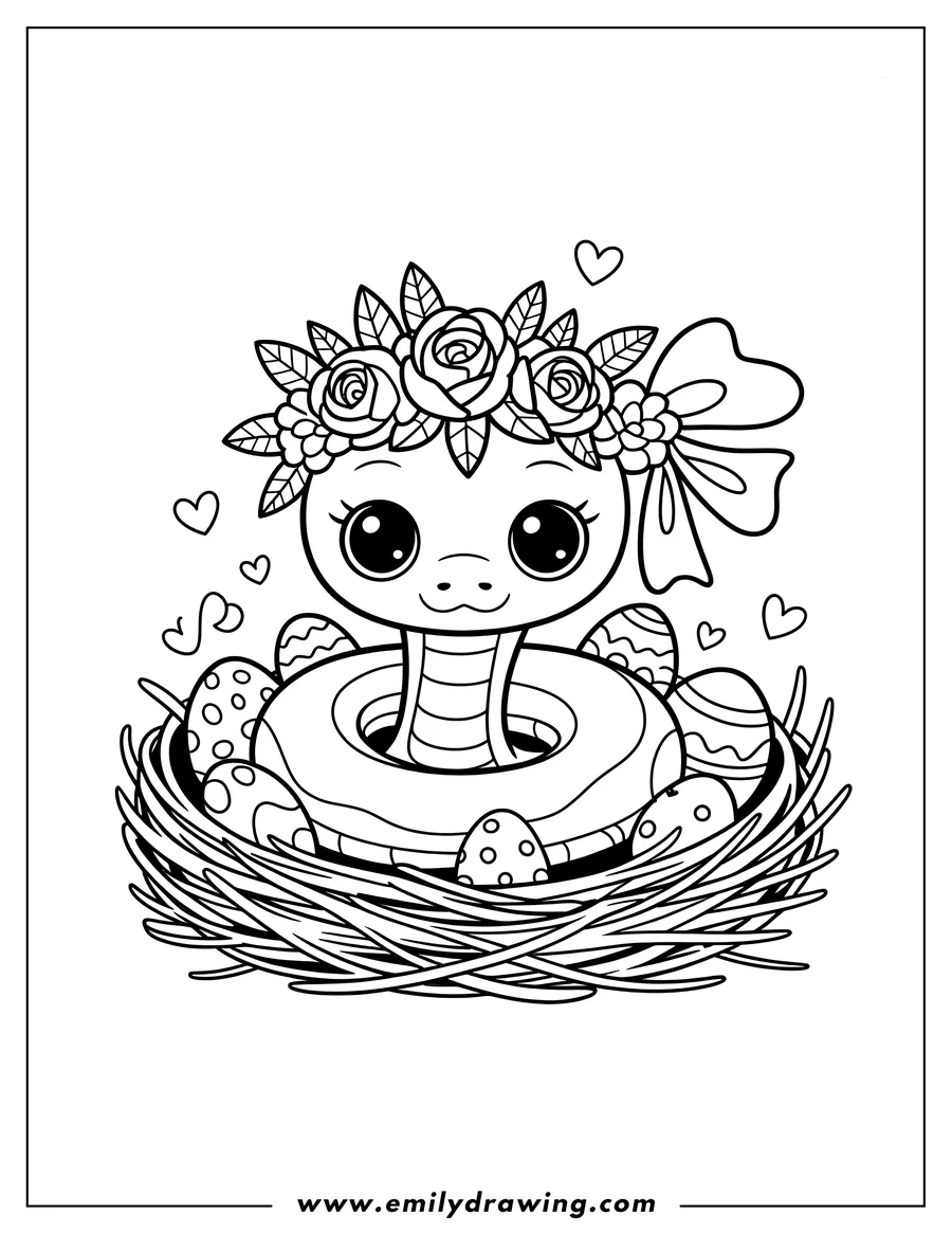 Line art of a snake wearing a flower crown and bow, sitting in a nest with decorated Easter eggs. Hearts decorate the background.