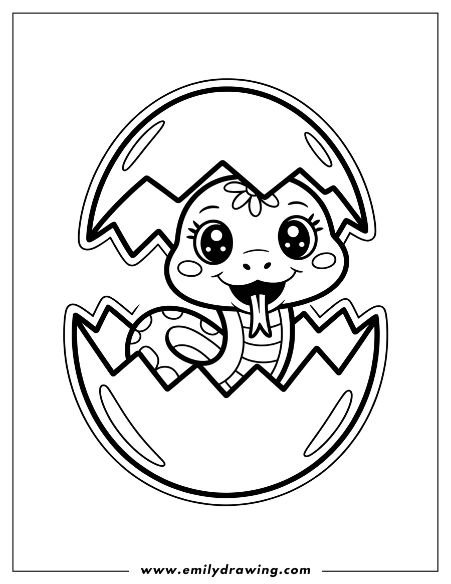 Outline of a baby snake hatching from an egg. It has large eyes, a flower on its head, and a patterned body.