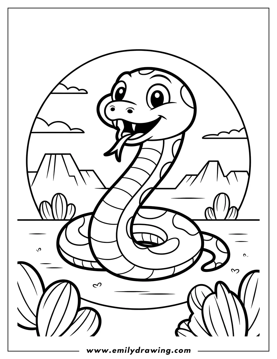 Outline of a happy snake in the desert, surrounded by cacti and mountains.