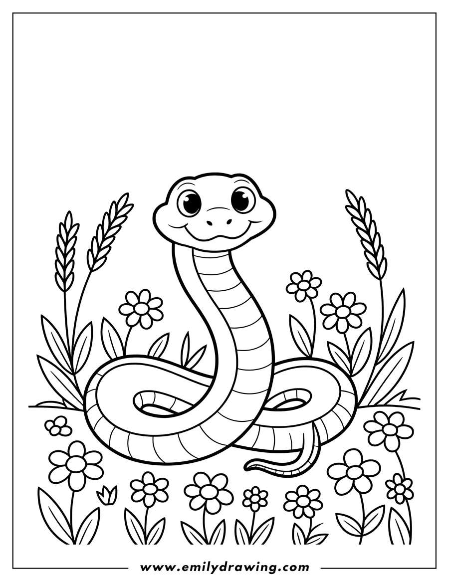 Outline of a friendly snake sitting in a patch of flowers and leaves.