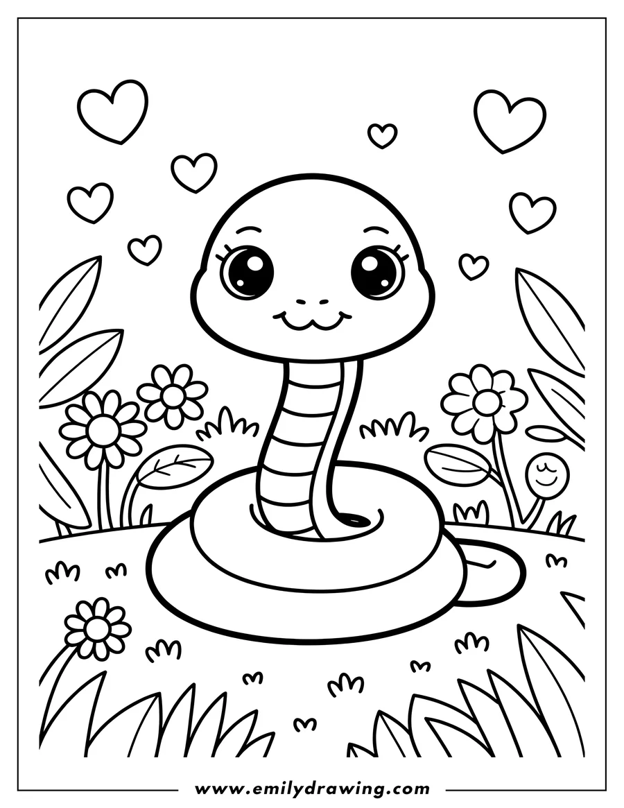 Outline of a friendly snake curled up in a garden surrounded by flowers and hearts.