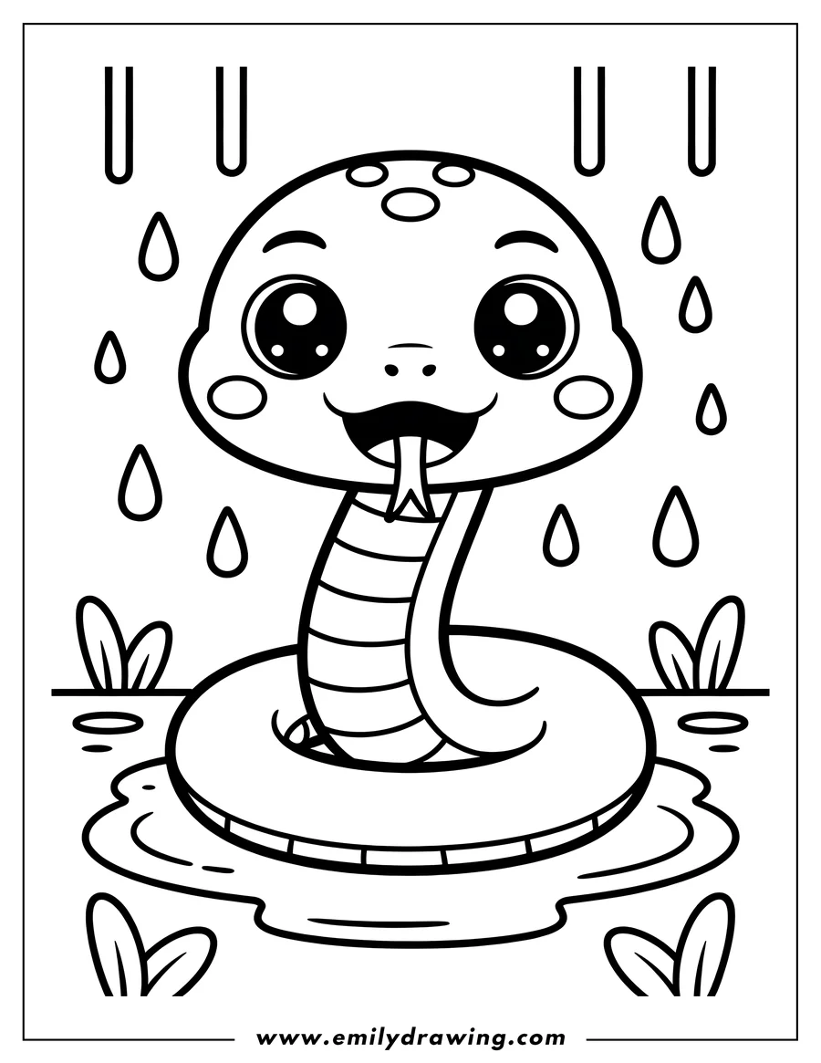 Outline of a cute snake sitting in a puddle with raindrops falling around it.