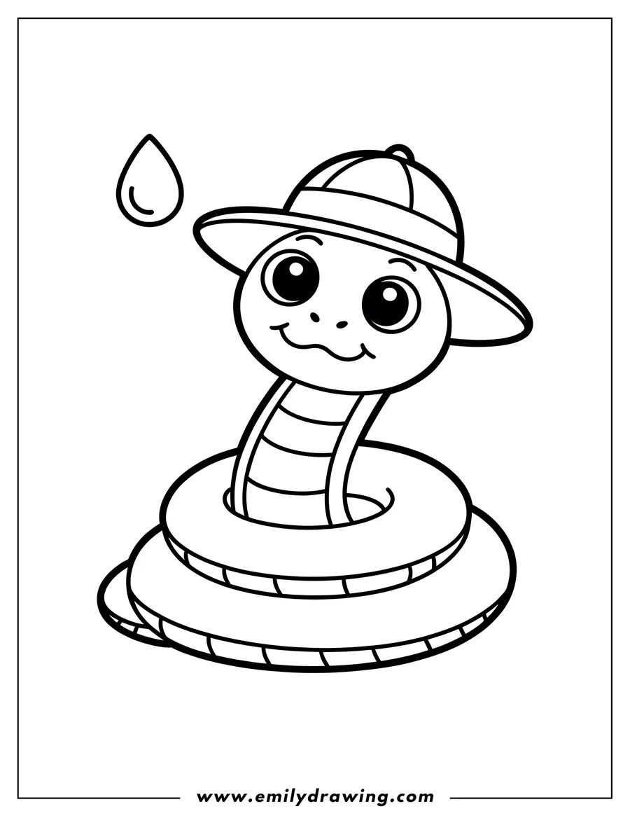 Outline of a friendly snake wearing a safari hat, peeking out from its coiled body.