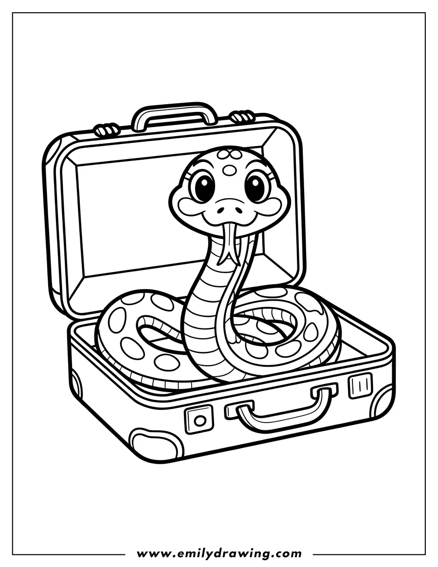 Outline of a friendly snake coiled inside an open suitcase.