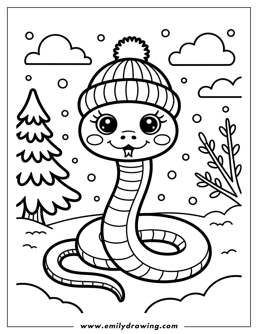 Outline of a snake wearing a winter hat with a pom-pom in a snowy landscape with a tree and some small branches.