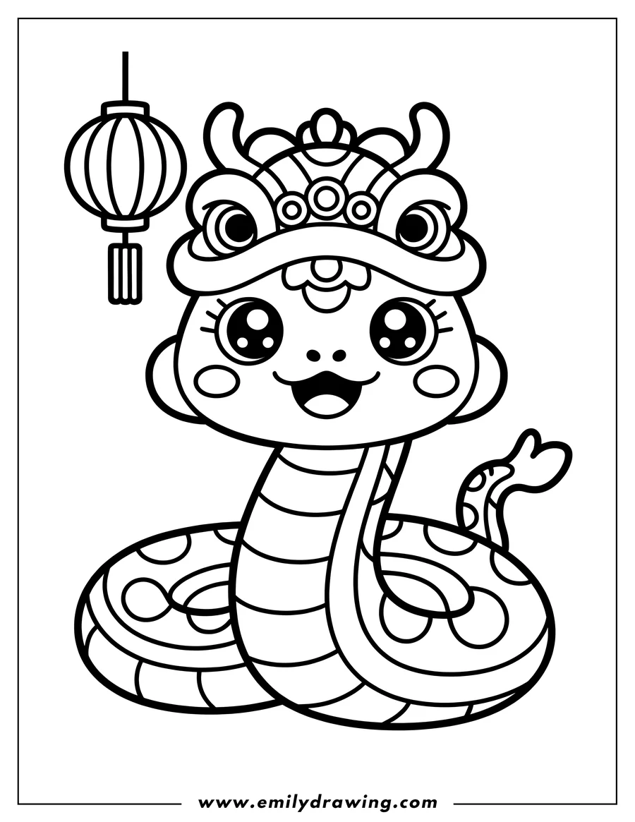 Outline of a snake wearing a lion dance costume with a Chinese lantern.