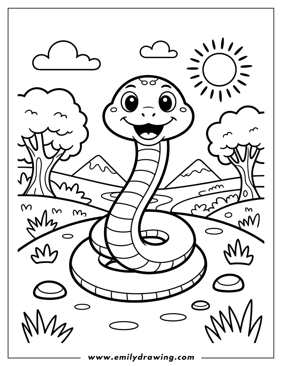 Outline of a friendly snake curled up in a grassy meadow, with trees, mountains, and a sun in the background.