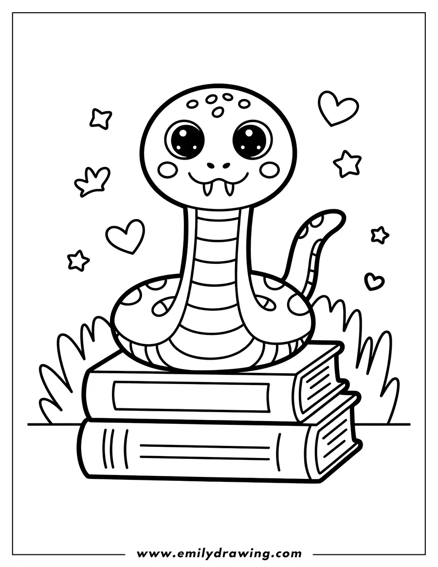 Outline of a cute snake sitting on a stack of books, surrounded by stars and hearts.