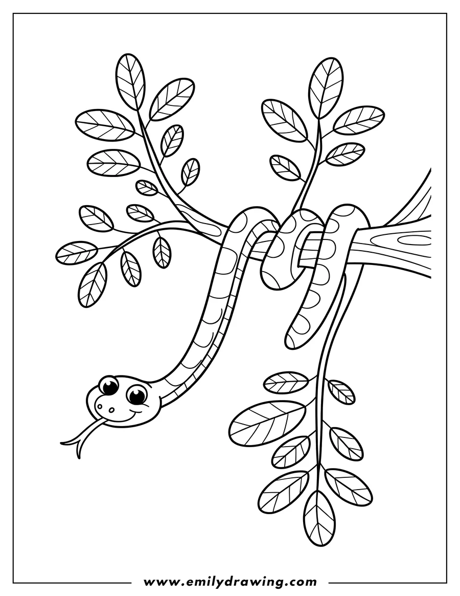 Outline of a friendly snake wrapped around a leafy tree branch.