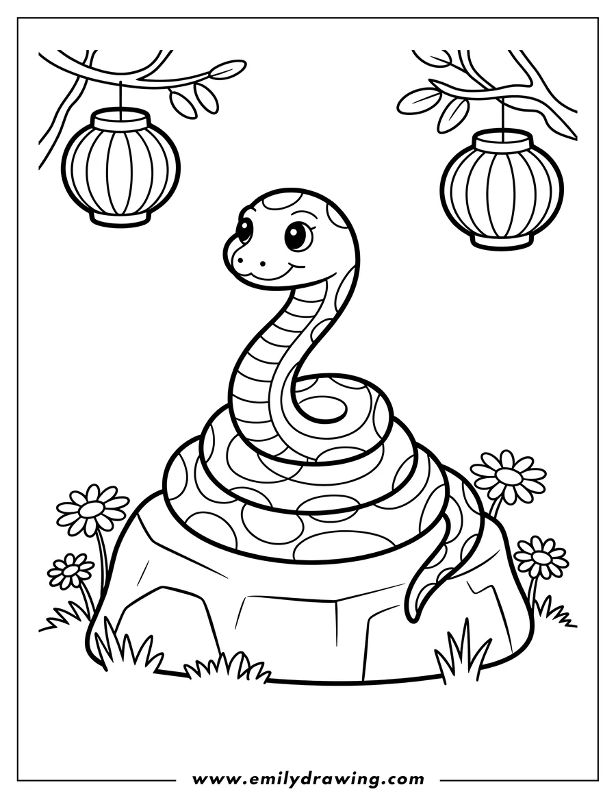 Line art of a snake coiled on a rock, with paper lanterns hanging from a tree branch and flowers nearby.