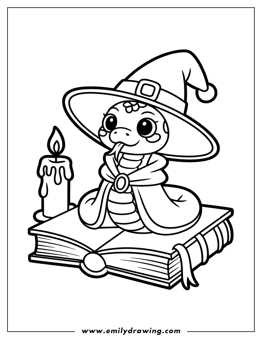 Outline of a snake wearing a wizard's hat and cloak, sitting on a spell book with a lit candle beside it.