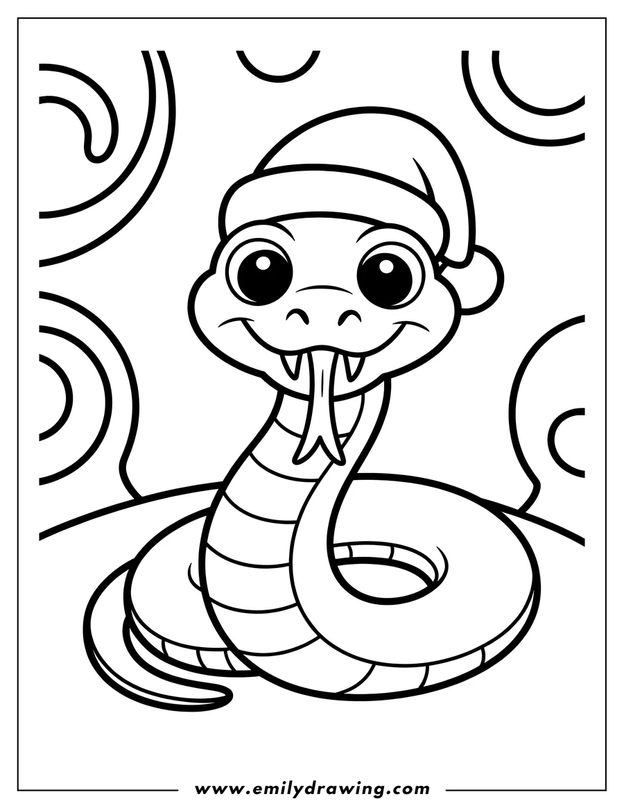 Line art of a snake wearing a Santa hat, ready for coloring.