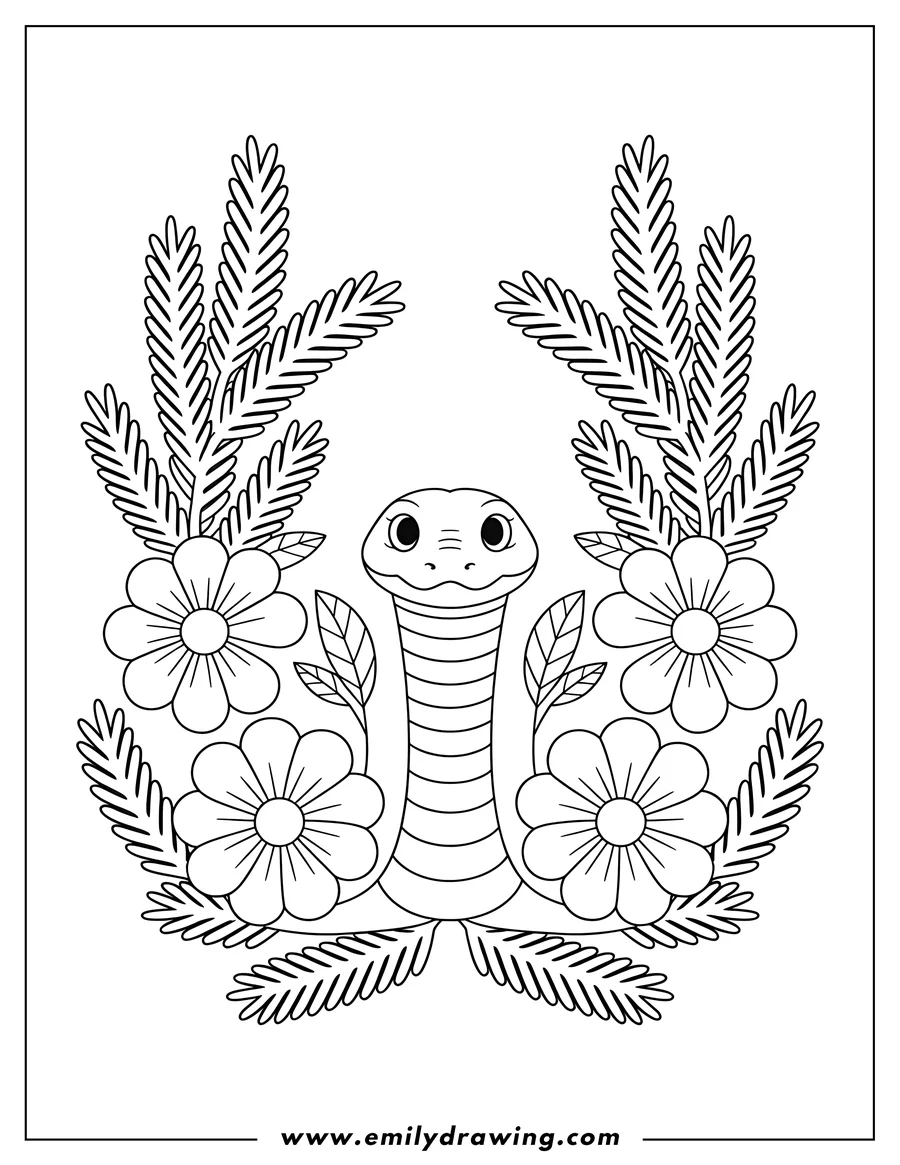 Outline of a snake surrounded by a symmetrical arrangement of flowers and fern-like leaves.